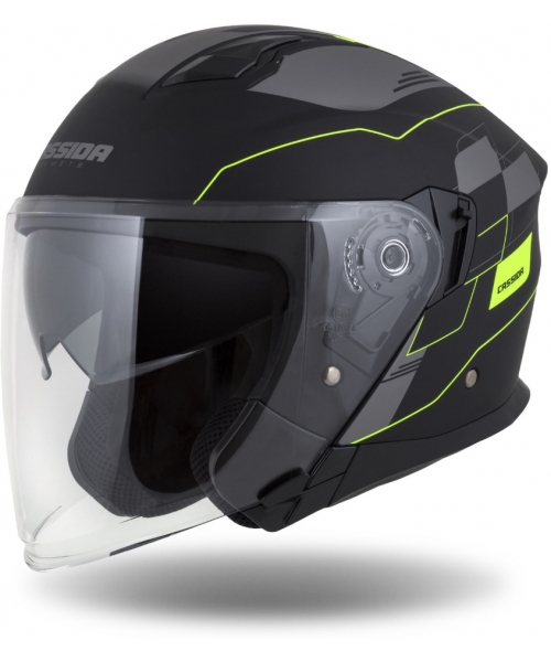 Open Face Helmets Cassida: Motorcycle Helmet Cassida Jet Tech RoxoR Matte Black/Fluo Yellow/Gray