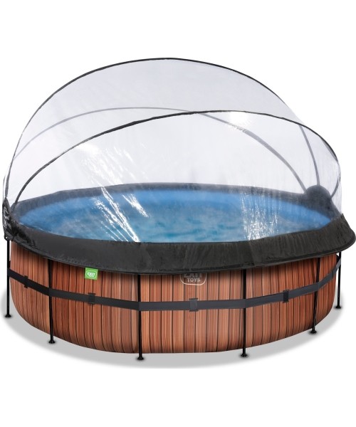Above Ground Pools Exit: EXIT Wood pool ø427x122cm with sand filter pump and dome and heat pump - brown