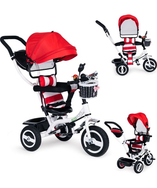 Children's Scooters Eco Toys: Triratukas su pasukamuoju baldakimu raudonas patvarūs guminiai ratai ECOTOYS