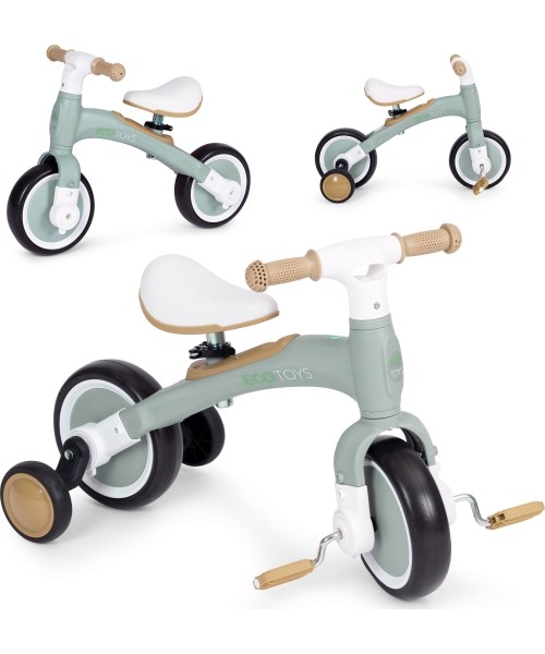 Laste tõukerattad Eco Toys: Treniruočių dviratis su pedalais - treniruočių dviratis su šoniniais ratais 3W1 žalias ECOTOYS