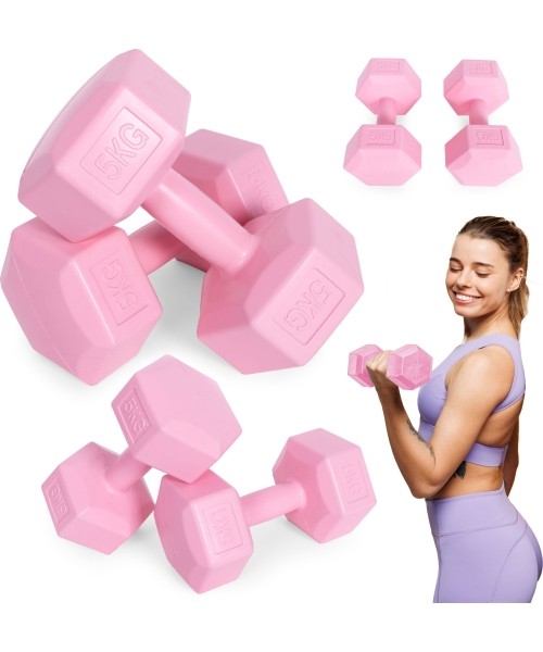 Dumbbells for Aerobics ModernHOME: Hexagonal dumbbells set 2x5 kg exercise weights fitness weights pink ModernHome