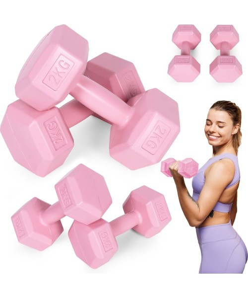 Dumbbells for Aerobics ModernHOME: Šešiakampių hantelių rinkinys 2x2 kg treniruočių svoriai fitneso svarmenys rožinės spalvos...