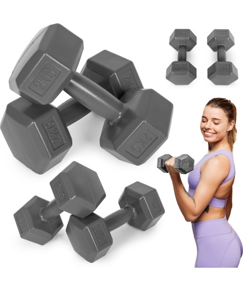 Dumbbells for Aerobics ModernHOME: Šešiakampių hantelių rinkinys 2x2 kg treniruočių svoriai fitneso svarmenys pilki ModernHome