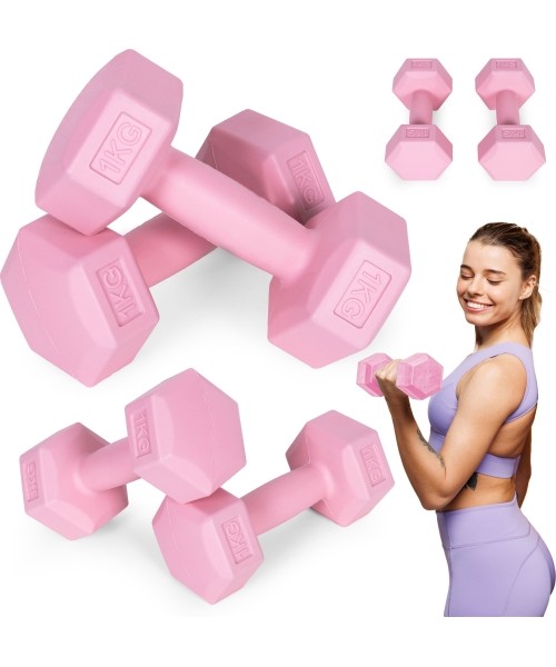 Dumbbells for Aerobics ModernHOME: Šešiakampių hantelių rinkinys 2x1 kg treniruočių svoriai fitneso svarmenys rožinės spalvos...