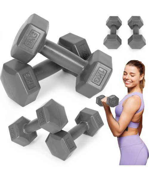 Dumbbells for Aerobics ModernHOME: Šešiakampių hantelių rinkinys 2x1 kg treniruočių svoriai fitneso svarmenys pilka ModernHome