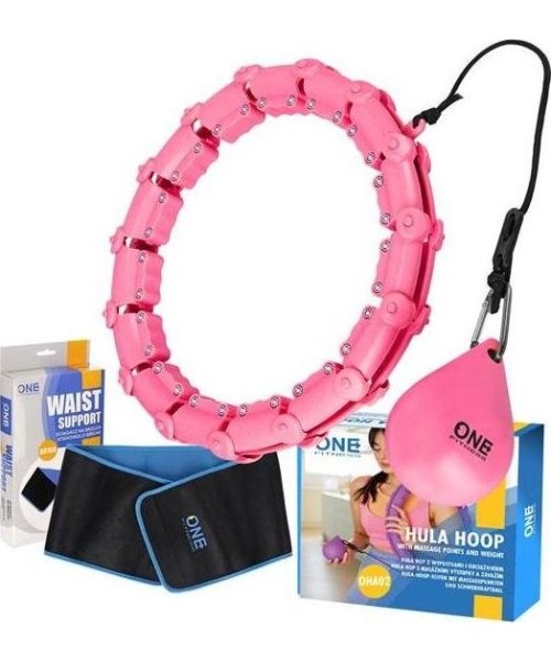 Hularõngad One Fitness: RINKINYS HULA HOOP OHA02 ROŽINIS SU SVORIU VIENAS FITNESAS + JUOSMENS ATRAMA BR160